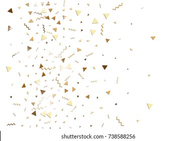 Glitter gold confetti. Isolated vector triangle particles and ribbons on white background. Christmas mockup card. Template for birthday invitation. Celebration party invitation. Flat design.