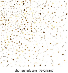 Glitter gold confetti. Isolated vector triangle particles and ribbons on white background. Christmas mockup card. Template for birthday invitation. Celebration party invitation. Flat design.