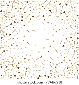 Glitter gold confetti. Isolated vector triangle particles and ribbons on white background. Christmas mockup card. Template for birthday invitation. Celebration party invitation. Flat design.