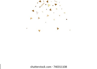 Glitter gold confetti. Isolated vector triangle particles and ribbons on white background. Christmas mockup card. Template for birthday invitation. Celebration party invitation. Flat design.
