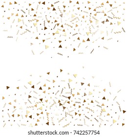 Glitter gold confetti. Isolated vector triangle particles and ribbons on white background. Christmas mockup card. Template for birthday invitation. Celebration party invitation. Flat design.
