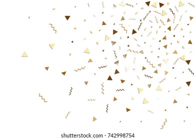 Glitter gold confetti. Isolated vector triangle particles and ribbons on white background. Christmas mockup card. Template for birthday invitation. Celebration party invitation. Flat design.