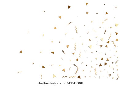 Glitter gold confetti. Isolated vector triangle particles and ribbons on white background. Christmas mockup card. Template for birthday invitation. Celebration party invitation. Flat design.