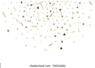 Glitter gold confetti. Isolated vector triangle particles and ribbons on white background. Christmas mockup card. Template for birthday invitation. Celebration party invitation. Flat design.