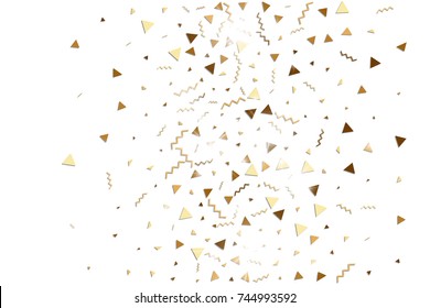 Glitter gold confetti. Isolated vector triangle particles and ribbons on white background. Christmas mockup card. Template for birthday invitation. Celebration party invitation. Flat design.