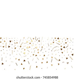 Glitter gold confetti. Isolated vector triangle particles and ribbons on white background. Christmas mockup card. Template for birthday invitation. Celebration party invitation. Flat design.
