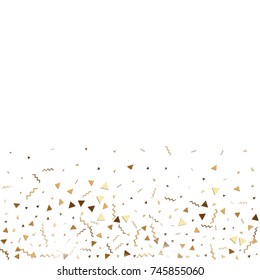 Glitter gold confetti. Isolated vector triangle particles and ribbons on white background. Christmas mockup card. Template for birthday invitation. Celebration party invitation. Flat design.