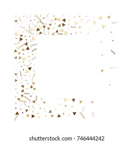 Glitter gold confetti. Isolated vector triangle particles and ribbons on white background. Christmas mockup card. Template for birthday invitation. Celebration party invitation. Flat design.