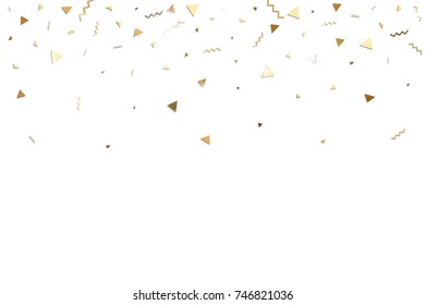 Glitter gold confetti. Isolated vector triangle particles and ribbons on white background. Christmas mockup card. Template for birthday invitation. Celebration party invitation. Flat design.