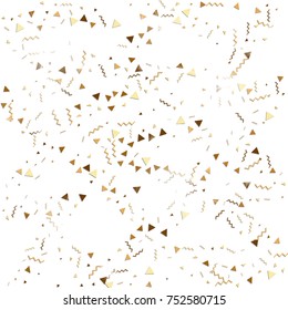 Glitter gold confetti. Isolated vector triangle particles and ribbons on white background. Christmas mockup card. Template for birthday invitation. Celebration party invitation. Flat design.