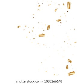Glitter gold confetti on white background. Golden sparkles and dots. Luxury invitation template. Falling particles background. Explosion backdrop. Design for birthday card. 