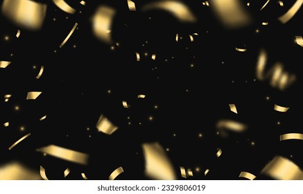 Glitter gold confetti and serpentine on black background. Sparkling confetti particles. Festive premium for holiday, celebration, New year, promotions, events, party, birthday, valentines day. Vector.