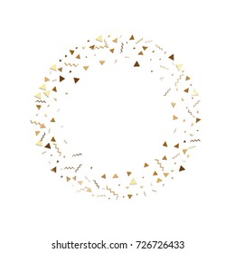 Glitter gold confetti wreath. Isolated vector triangle particles and ribbons on white background. Christmas mockup card. Template for birthday invitation. Celebration party invitation. Flat design.