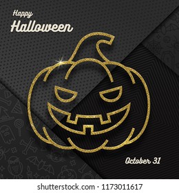 Glitter gold contour of a Jack-o-lantern pumpkin and Halloween greeting on a black background with linear halloween signs and symbols. Vector illustration,