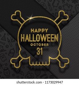 Glitter gold contour of a skull with Halloween greeting on a black background with linear halloween signs and symbols. Vector illustration,