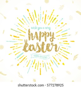 Glitter gold Easter greeting with sunburst - vector illustration.