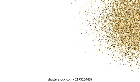 Glitter gold explosion frame. Sequin rain. christmas luxury flyer. Happy holiday sparkle stars poster. Glamour premium invitation. Golden circle confetti banner. Magic party dust. Vector illustration.