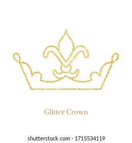 Glitter gold foil crown.Vector isolated icon.Glamour luxury design for selfie or video chat filter.Glow light confetti, bright sequins, sparkle tinsel, abstract bling, shimmer dust.