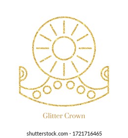 Glitter gold foil crown.Vector isolated icon.Glamour luxury design for selfie or video chat filter.Glow light confetti, bright sequins, sparkle tinsel, abstract bling, shimmer dust.
