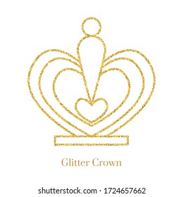 Glitter gold foil crown.Vector isolated icon.Glamour luxury design for selfie or video chat filter.Glow light confetti, bright sequins, sparkle tinsel, abstract bling, shimmer dust.