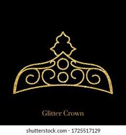 Glitter gold foil crown.Vector isolated icon.Glamour luxury design for selfie or video chat filter.Glow light confetti, bright sequins, sparkle tinsel, abstract bling, shimmer dust.