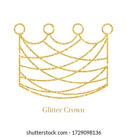 Glitter gold foil crown.Vector isolated icon.Glamour luxury design for selfie or video chat filter.Glow light confetti, bright sequins, sparkle tinsel, abstract bling, shimmer dust.