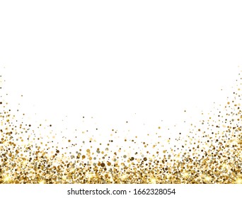 Glitter gold frame on white background. Golden star sparkles and dust. Luxury glitter decoration banner. Bright design for Christmas, Birthday, Wedding. Vector illustration