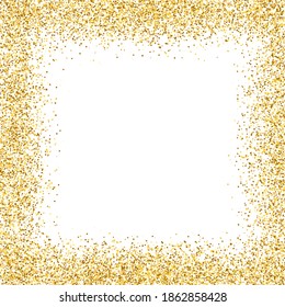 Glitter gold frame on white background. Golden border design. Luxury greeting card template. Shining confetti particles. Bright dust decoration. Vector illustration.