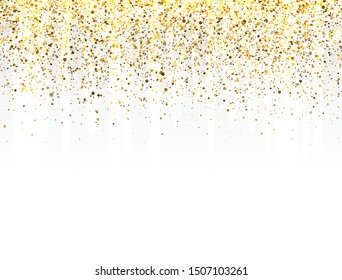 Glitter gold frame with space for text. Luxury glitter decoration. Golden sparkles and dust on transparent background. Bright design for Christmas, Birthday, Wedding. Vector illustration.