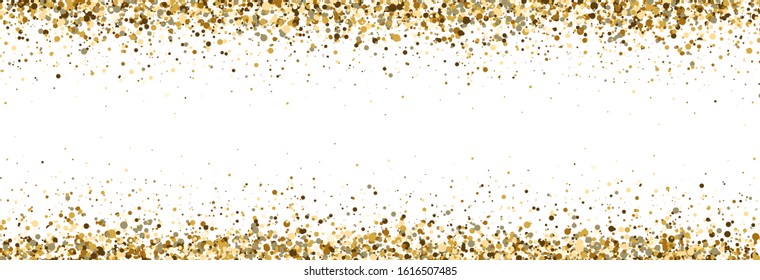 Glitter gold frame with space for text. Luxury glitter decoration. Golden sparkles and dust on white background. Bright design for Christmas, Birthday, Wedding. Vector illustration.