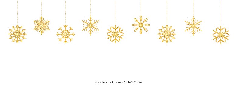 Glitter gold hanging snowflakes on white background. Christmas golden decoration garland. Holiday party design elements. Happy New Year border. Luxury greeting card. Vector illustration.