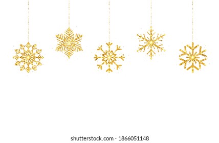 Glitter gold hanging snowflakes on white background. Happy New Year border. Luxury greeting card. Christmas golden decoration garland. Holiday party design elements. Vector illustration.