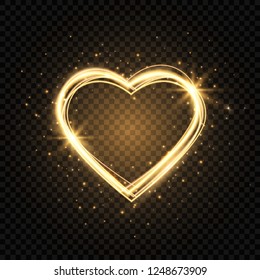 Glitter gold heart frame with space for text. Heart with golden light. Happy Valentines Day card with glowing heart. Bright glittering star dust. Festive border. Vector illustration.