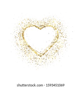 Glitter gold heart frame with space for text. Glowing heart with sparkles and star dust. Holiday luxury design. Valentines Day card. Romantic design with symbol of love. Vector illustration.