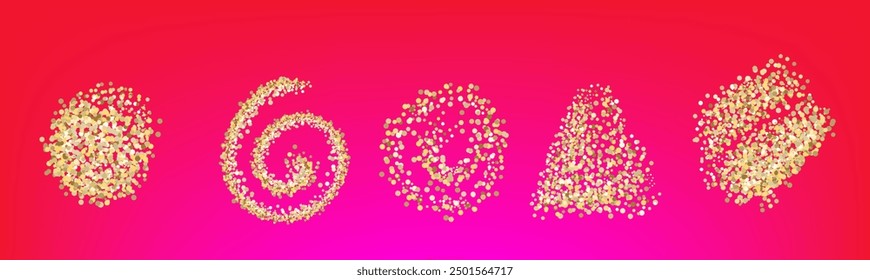 Glitter gold kid style shape set isolated on red pink background. Vector gold circle, spiral, amorphous shapes. These doodle elements are grouped and easy to use