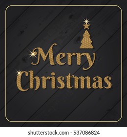 Glitter gold Merry Christmas background seasons greetings on dark wood background