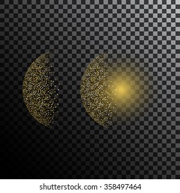 Glitter gold moon star with glow light inside sphere. Cosmic stylized planet.