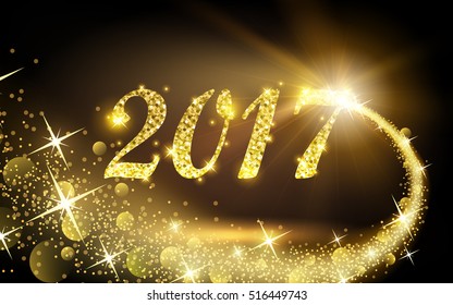 Glitter gold new year 2017 celebration with sparkle star and glow effect shine on black, vector art and illustration.