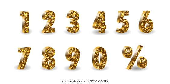 Glitter gold numbers set with shadow. Vector realistic shining golden font number 1,2,3,4,5,6,7,8,9,0,% of sparkles on white background. For decoration of cute wedding, anniversary, party, lab