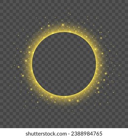 Glitter gold particles circle shape element for text and greeting card. Christmas glowing light bokeh background texture.