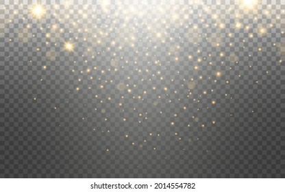 Glitter gold particles on transparent background. Golden glowing stars and confetti. Greeting card template. Falling stardust effect. Christmas magic light. Vector illustration.