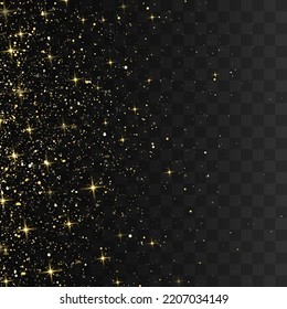 Glitter gold particles shine effect on png background. Vector gold glitter particles effect and texture. Stardust amber particles color on transparent background. Golden explosion of confetti.