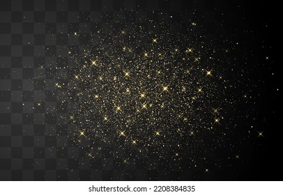 Glitter gold particles shine effect on png background. Vector gold glitter particles effect and texture. Stardust amber particles color on transparent background. Golden explosion of confetti.