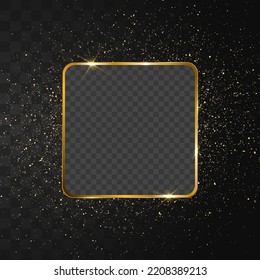 Glitter gold particles shine effect on png background. Vector gold frame around glitter particles. Stardust amber particles color on transparent background. Golden frame and explosion of confetti.