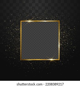 Glitter gold particles shine effect on png background. Vector gold frame around glitter particles. Stardust amber particles color on transparent background. Golden frame and explosion of confetti.