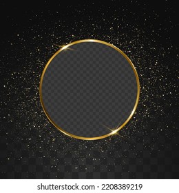 Glitter gold particles shine effect on png background. Vector gold frame around glitter particles. Stardust amber particles color on transparent background. Golden frame and explosion of confetti.