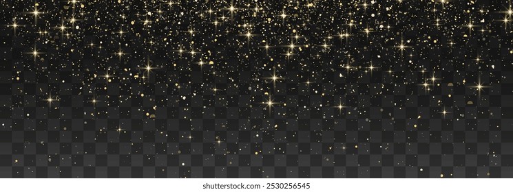 Glitter gold particles shine effect on transparent background. Vector gold glitter particles effect and texture. Stardust amber particles color on png background. Golden explosion of confetti.