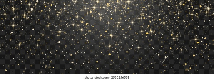 Glitter gold particles shine effect on transparent background. Vector gold glitter particles effect and texture. Stardust amber particles color on png background. Golden explosion of confetti.