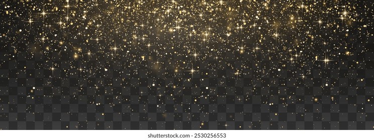 Glitter gold particles shine effect on transparent background. Vector gold glitter particles effect and texture. Stardust amber particles color on png background. Golden explosion of confetti.