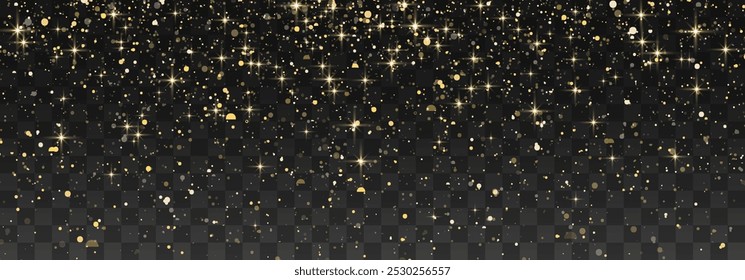 Glitter gold particles shine effect on transparent background. Vector gold glitter particles effect and texture. Stardust amber particles color on png background. Golden explosion of confetti.